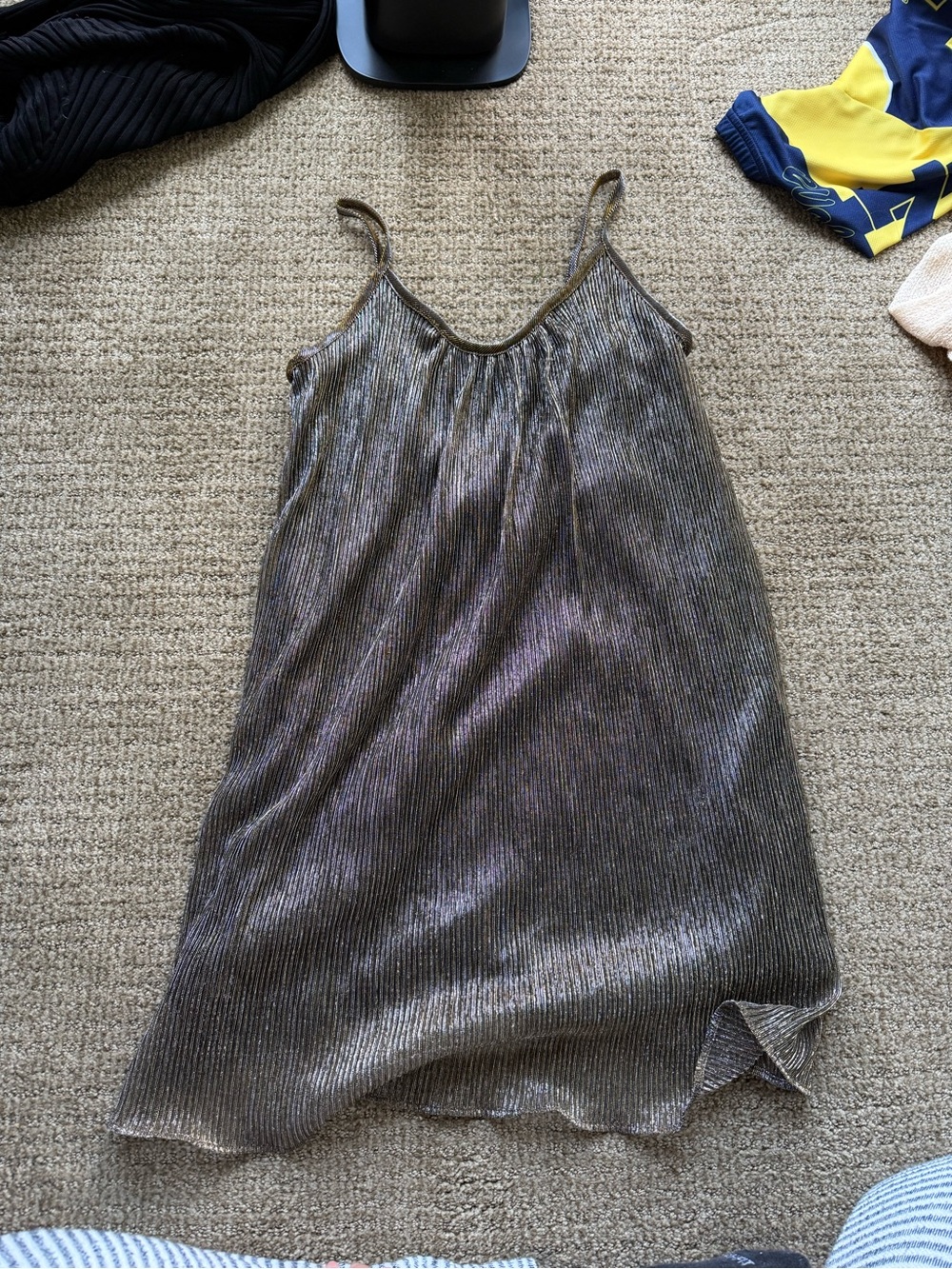 Silver Metallic Pleated Mini Slip Dress